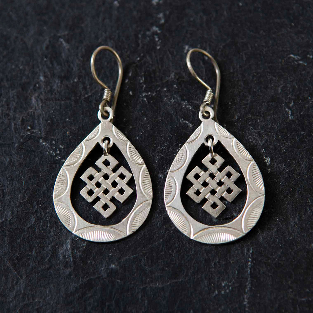 Endless Knot Tear Drop Silver Earrings