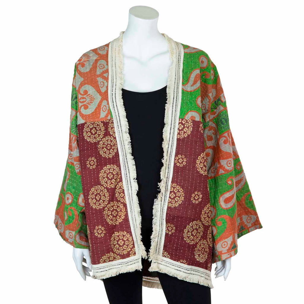 Kantha Fringed Jacket-Coats, Jackets & Ponchos-Siesta Crafts