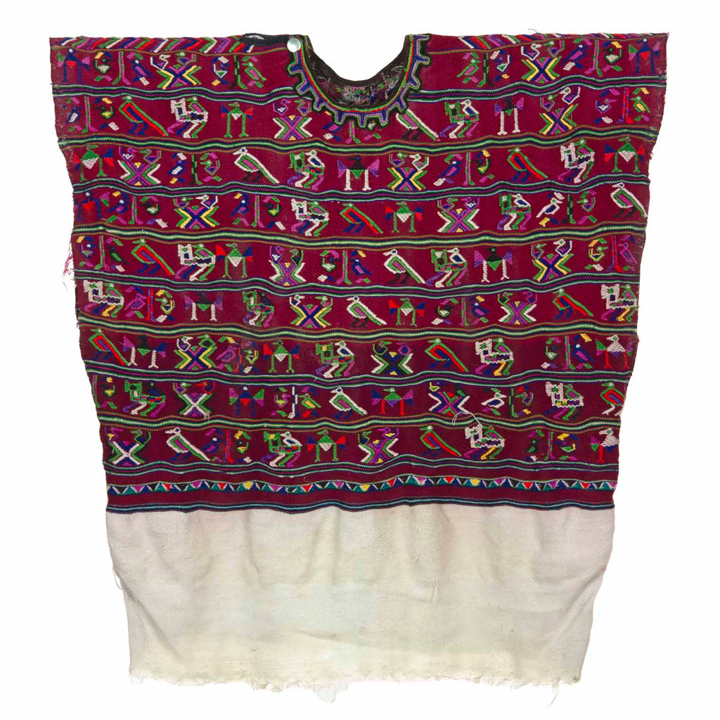 Antique Huipil - Maroon with Embroidered Birds