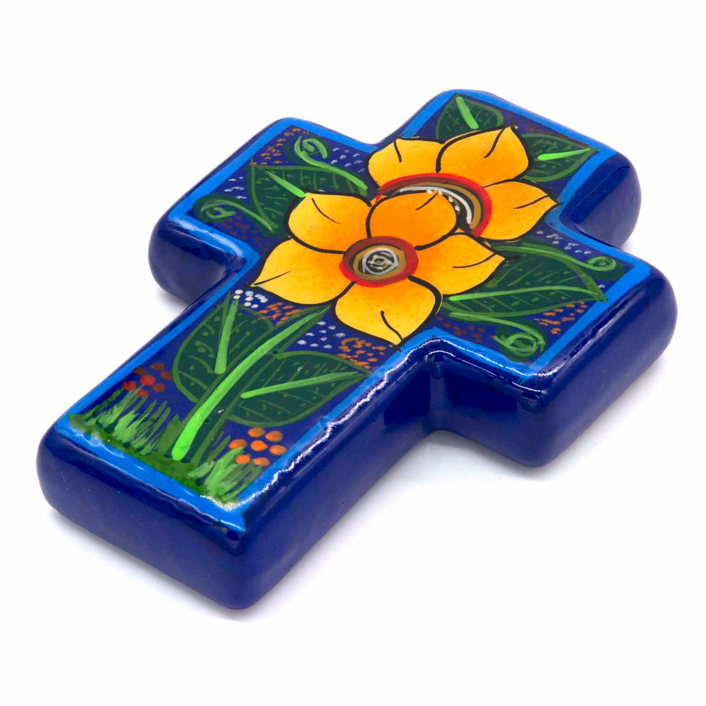 Mexican Painted Sunflower Block Cross-Christianity-Siesta Crafts